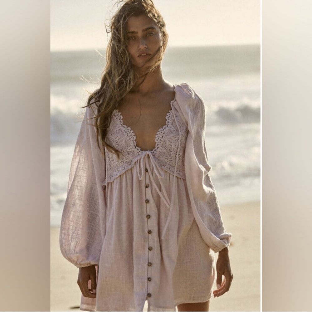 NWOT Free People Summer Strutting Crochet Pink Dress Long Sleeve Dress SZ XS